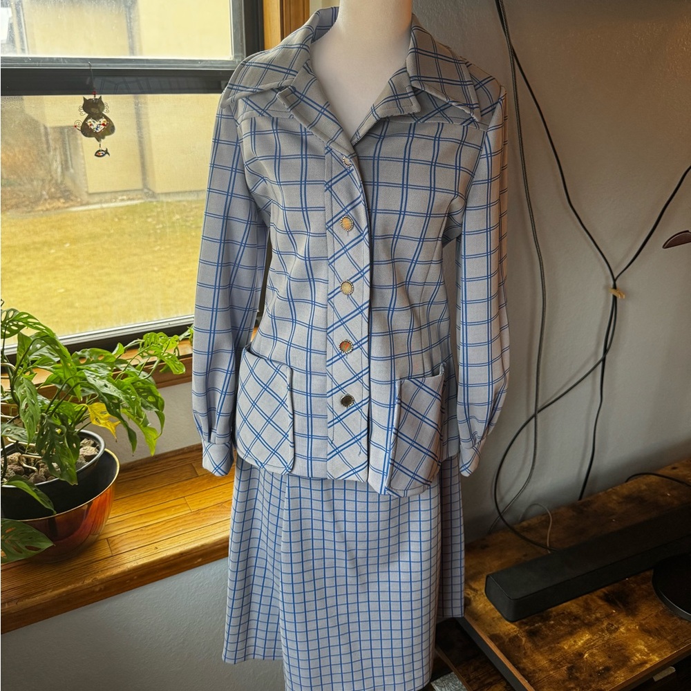 Authentic 1970s Blue Plaid Suit Skirt & Blazer Set Marco Polo SZ 8